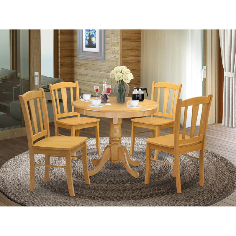 5 Piece Dining Set Includes a Round Kitchen Table with Pedestal and 4 Dining Room Chairs, Oak, Oak, 5, Oak