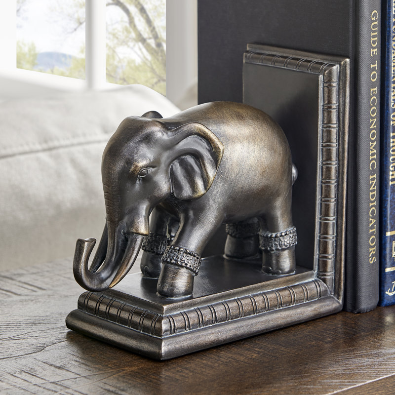 Bronze Patina Elephant Bookends Set with Ornate Design
