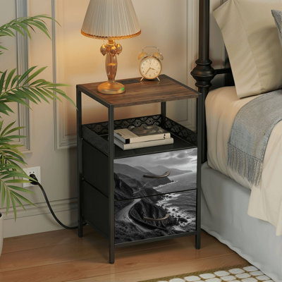 2 Drawers Nightstand with Charging Station, Bedroom Nightstand with USB Ports &amp; Outlets Open Shelf Black, night stand with Black White Coastal Highway Winding Along Rocky Cliffs Print