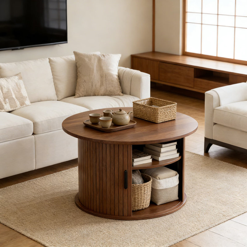 Table basse ronde à plateau relevable avec porte à tambour cannelée et rangement caché, table d'appoint tambour multifonctionnelle avec tablettes ouvertes pour le salon