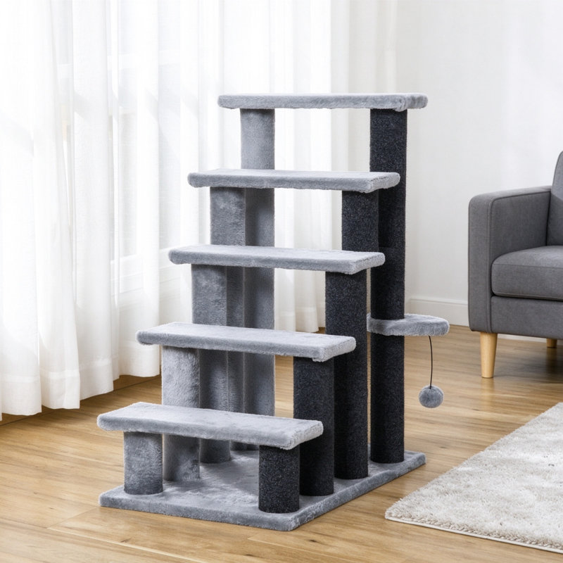 4-Step Pet Stairs with Scratching Posts, Platforms & Toy Ball, Grey
