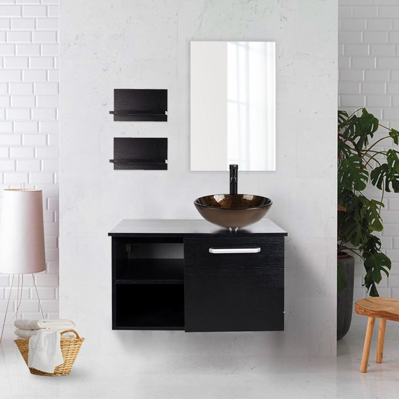 Clematic 28" Wall-Mounted Single Bathroom Vanity Set with Mirror, Dark Brown, Black