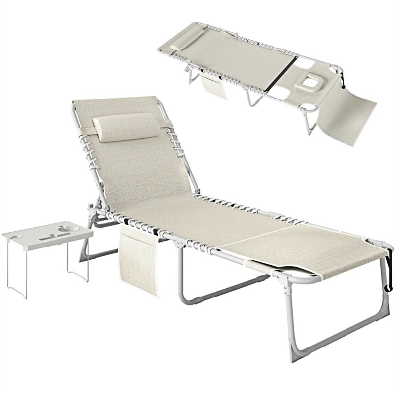 Folding Chaise Lounge Chair Tanning Chair, Beige, 1