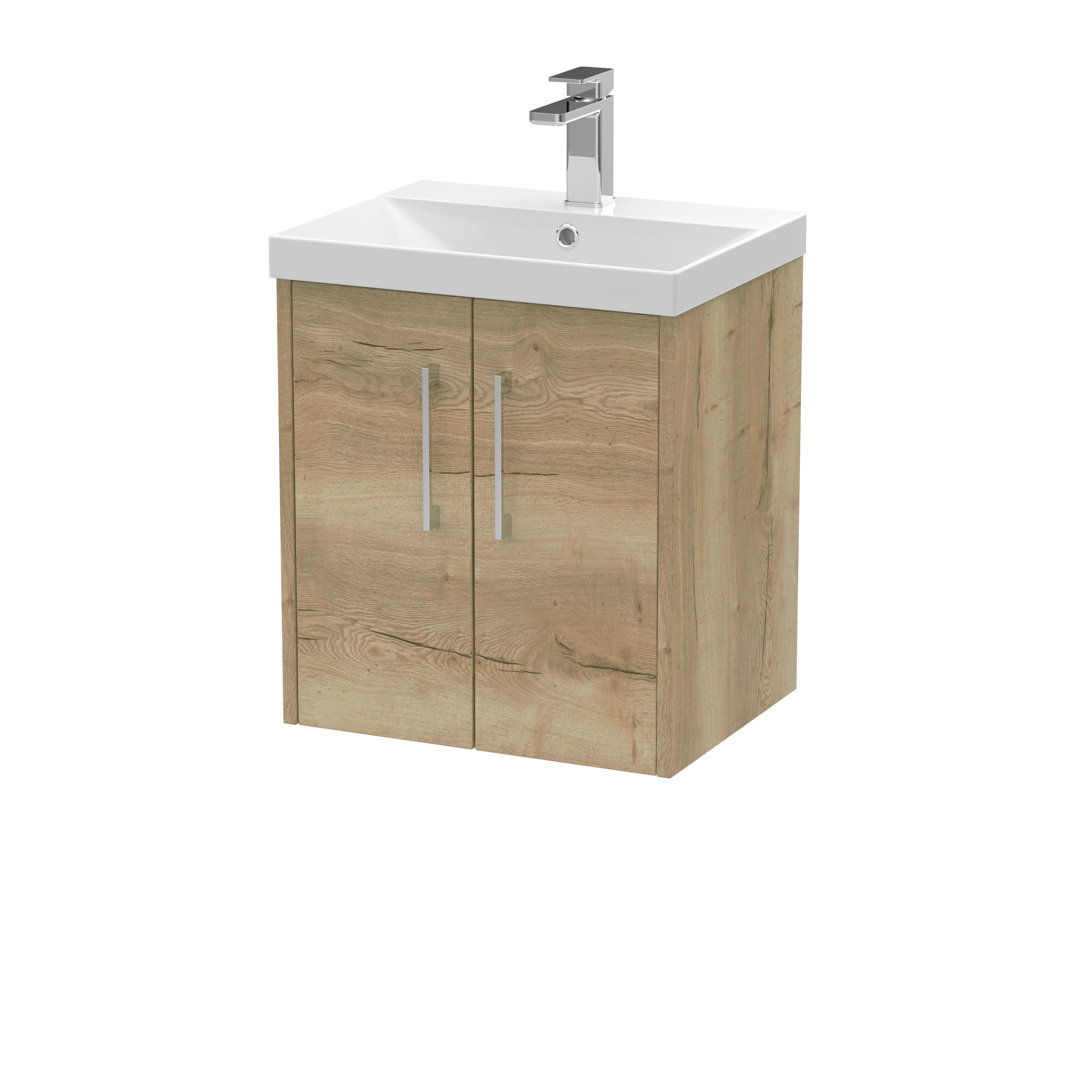 B&Q - Juno Wall Hung 2-Door Vanity Unit With Thin-Edge 1 Tap Hole Basin In Autumn Oak Textured Woodgrain Finish500mm - Image 2