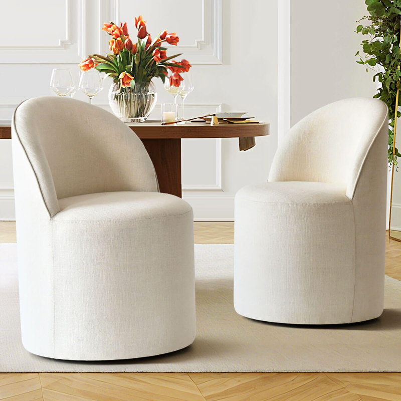 Chaises de salle à manger rembourrées pivotantes en tonneau avec roulettes cachées (ensemble de 2), Crème