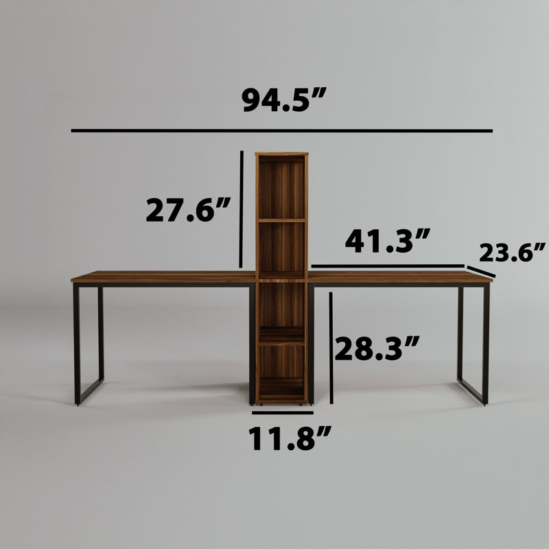 Bureau d'étude moderne avec de nombreuses tablettes, couleur noyer, 94,5 po x 28,3 po x 23,6 po | 100% panneau de particules enduit de mélamine, 0,7 po d'épaisseur, pieds en métal thermolaqué électrostatique | Design industriel élégant mural