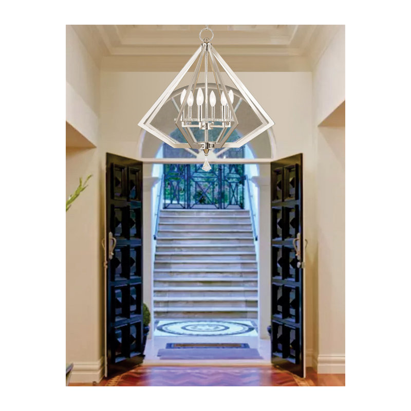 Zyvon Steel Dimmable Lantern Geometric Chandelier, Polished Nickel, 22" H x 26" W x 26" D, 6
