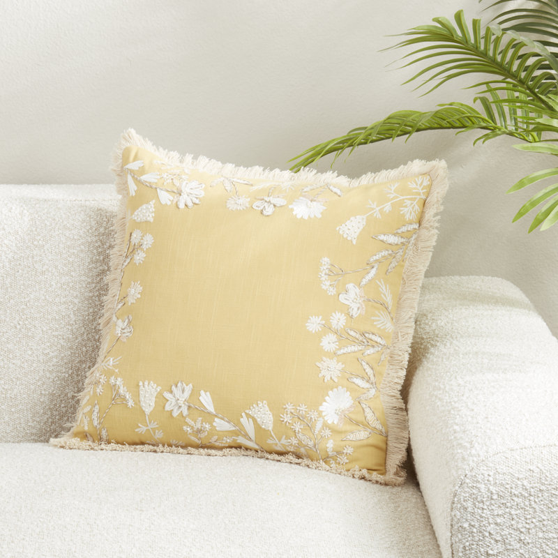 Graceful Embroidered Floral Pillow, Polyester, Yellow
