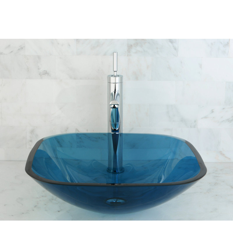 Glass Square Vessel Bathroom Sink with Faucet