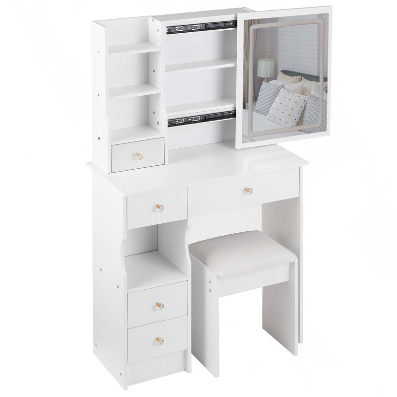 29.2" Small Size Left Drawer Desktop Vanity Table   Cushioned Stool, Large Sliding, Touch Control, Tri-Color Switching, Brightness Adjust LED Mirror, High Capacity Storage, Suitable For Small Space