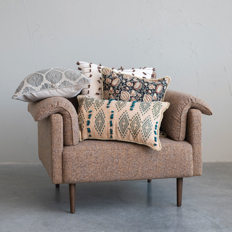 Natural and Brown Cotton Embroidered Square Throw Pillow