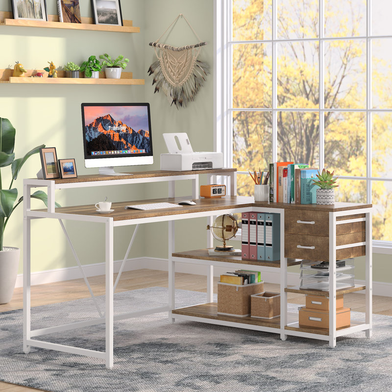104.1Cm W L-Shaped Computer Desk, Oak/White