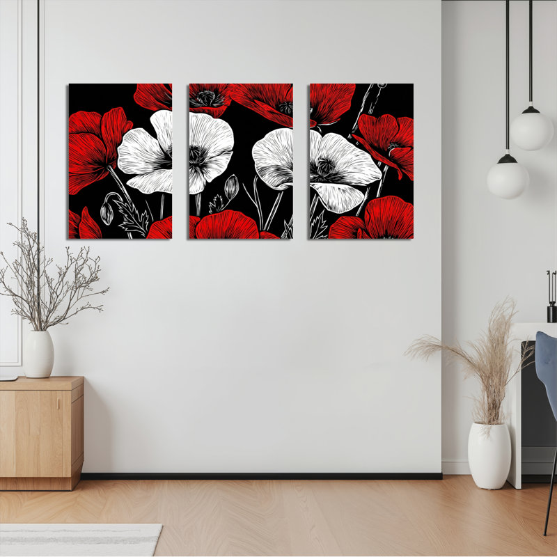 Ensemble de 3 tableaux muraux sur toile tendue, motif floral de coquelicots rouges et blancs, 2436