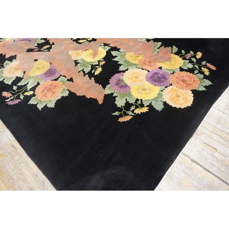 Wool Hand Knotted Pile 1920s Floral Medallion Antique Black Rectangle Rug