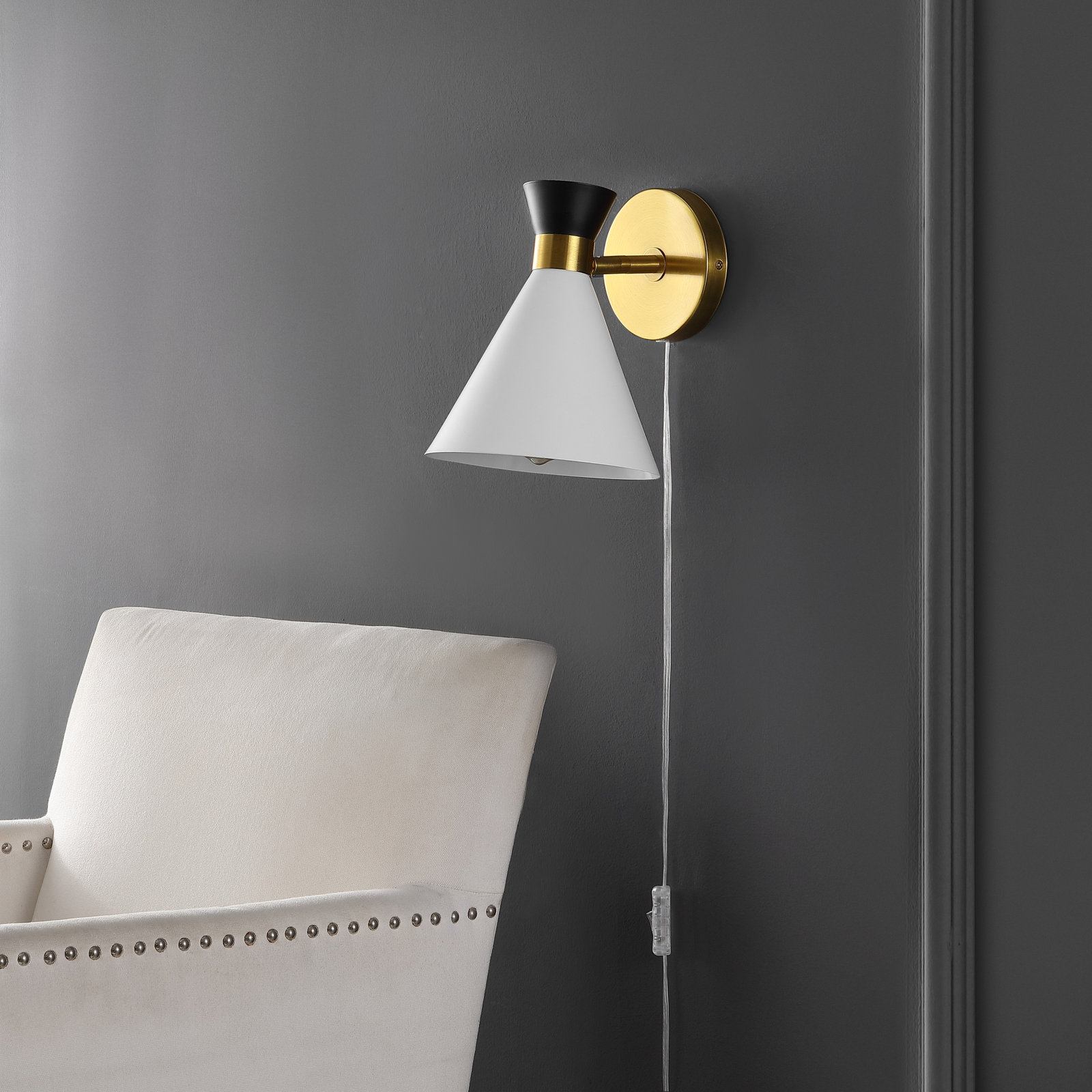 Puliafico Single Light Dimmable Plug-in Armed Sconce, White/Brass