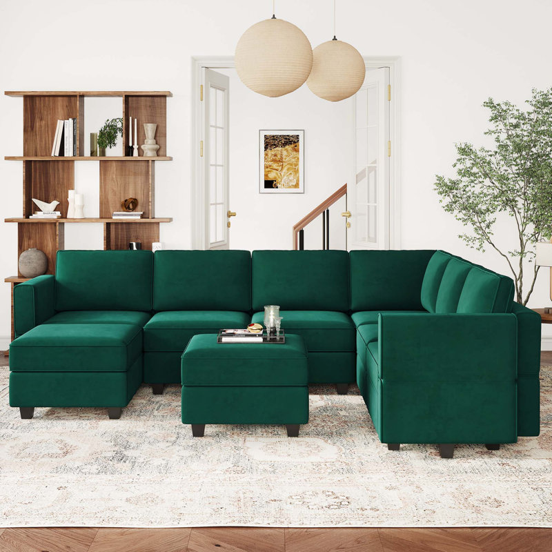 Ridoy 26.4" Wide Velvet Symmetrical Modular Corner Sectional 9-Pieces Sofa Set with Ottoman, Green Velvet