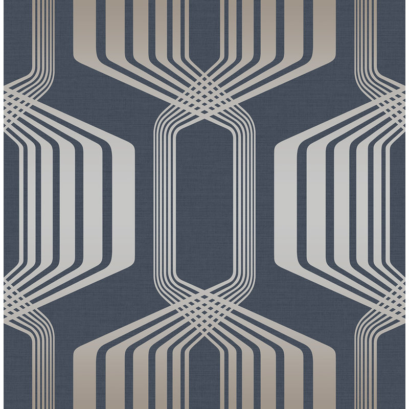 Seabrook Designs Dreda Hexagon Stripe Unpasted Wallpaper, Navy/Metallic Silver