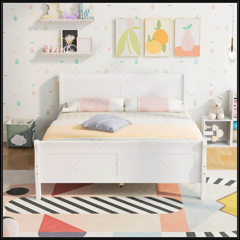 Lit plateforme en bois avec tête de lit et lattes en bois, Lit double, Blanc