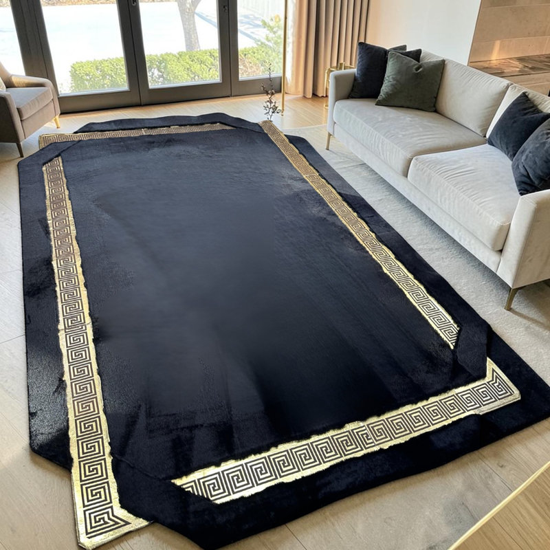 Tapis noir moelleux à bordure grecque, tapis moelleux doux de taille personnalisée_6X9ft, Rectangle 6 pi x 9 pi