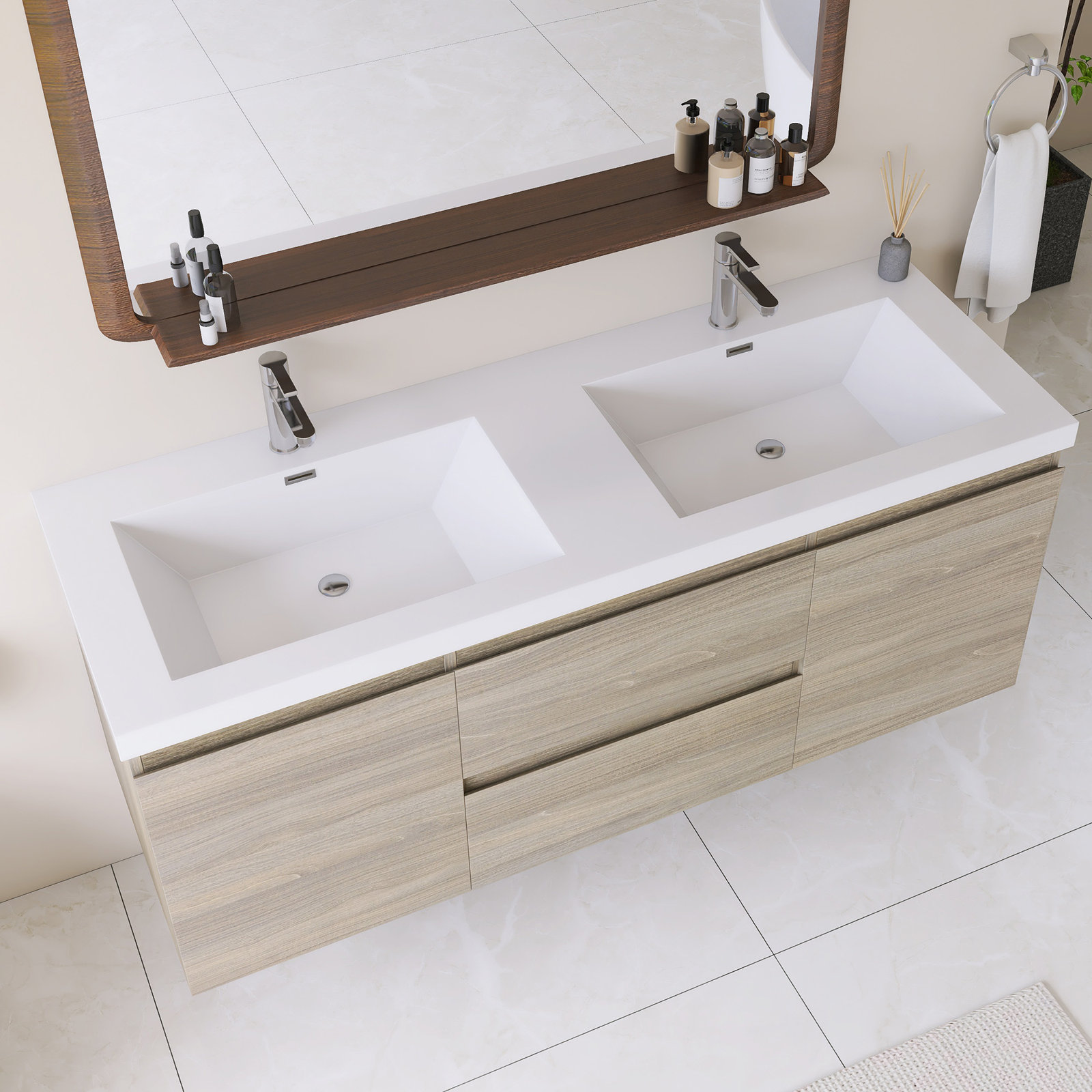 Wall Mounted Single Bathroom Vanity With White Integrated Resin Top