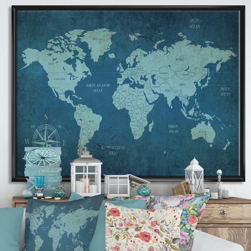 «Slate World Map II», reproduction d'impression sur toile, H 24 po x l 36 po x P 1 po, Cadre flottant noir