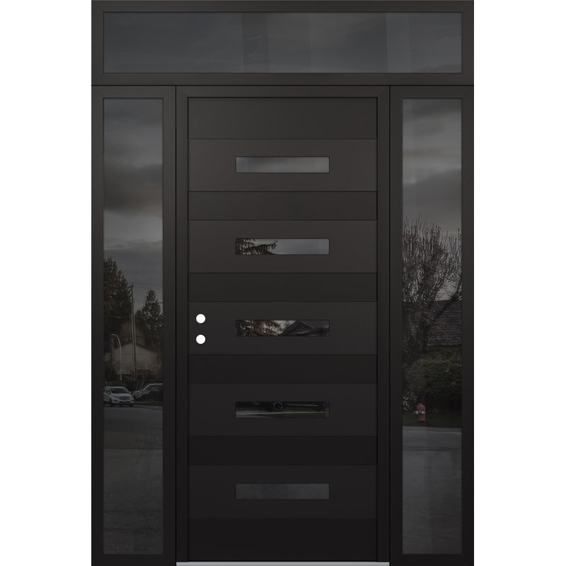 D9 64 po à droite X 96 po Panneau en verre noir et noir avec 2 panneaux latéraux et porte d'entrée avant en verre