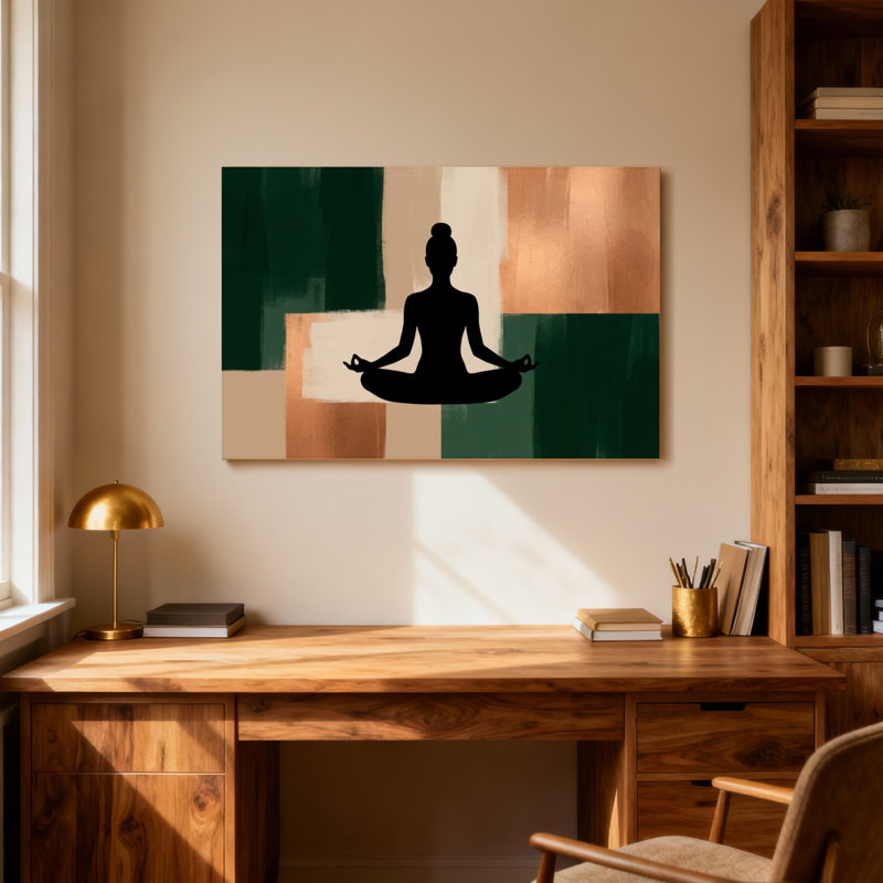 Plantes et fleurs, silhouette de yoga, impression sur fond abstrait, H 32 po x l 48 po