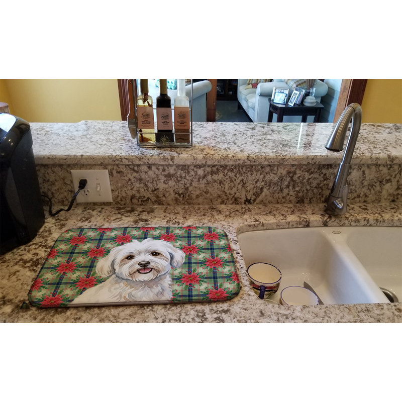 Coton de Tulear Christmas PoinsettIas Dish Drying Mat