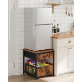 Mini Fridge Stand With Storage, Mini Fridge Cabinet With Fabric Drawer, Beverage Refrigerator Table, With Mobile Basket Cart, Rustic Brown And Black