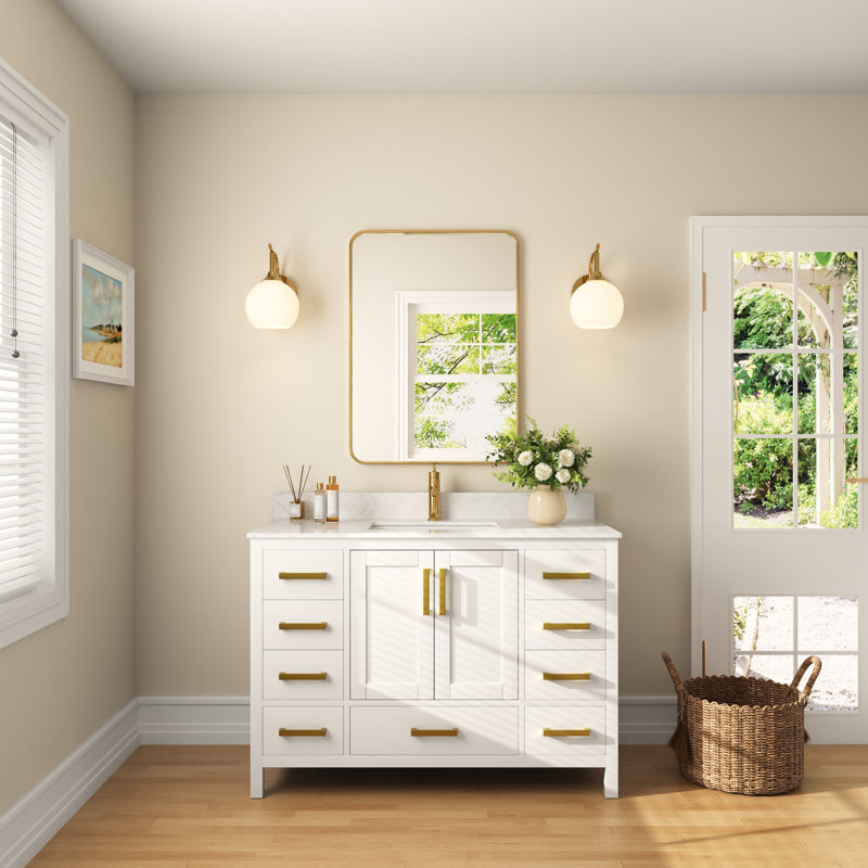 48'' White Bathroom Vanity with Ceramic Sink and Gold Hardware