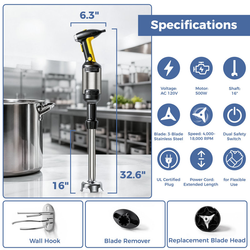 Mélangeur plongeant professionnel de 500 W avec tige extensible de 40 cm pour les cuisines professionnelles