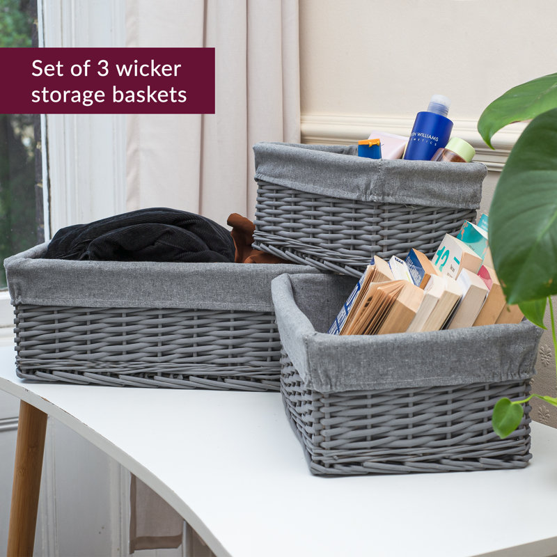 Innoteck Essentials Wicker Storage Baskets with Cloth Lining(Set of 3) - Grey