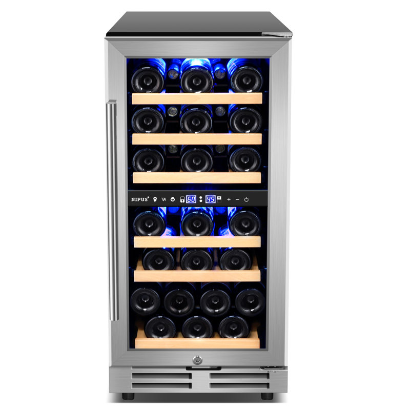 Mini refroidisseur à vin 14,96 pouces 30 bouteilles à deux zones encastré et autoportant avec lumière intégrée et 2 poignées Classic Series