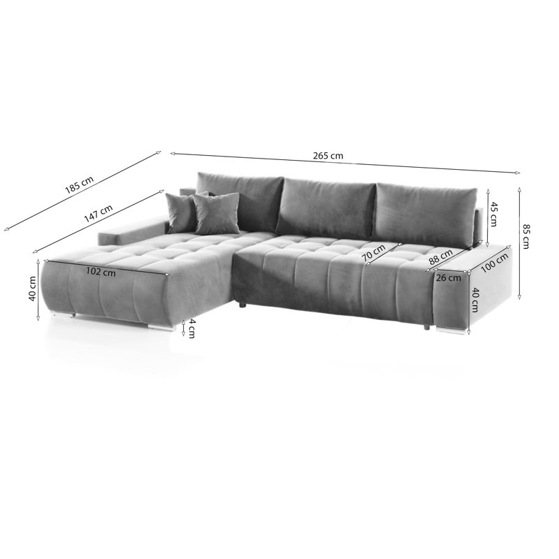 Asaan 3 Seater Velvet Sofa & Chaise, Grey, Left Hand Facing