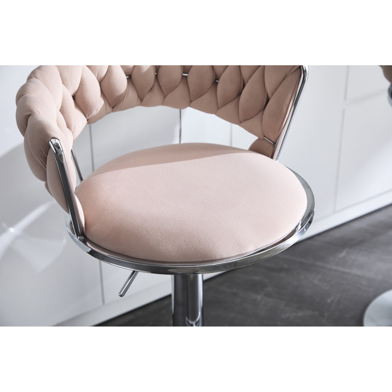 Tabourets de bar roses de 2, réglables en hauteur avec poignée relevable, base, revêtement en velours, coussin rembourré en mousse, structure en métal stable, méthode d'installation facile, capacité de poids de 300 lb, fabrication