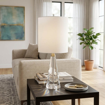 Elegant Table Lamp with Crystal and Metal Base for Bedroom - Modern Bedside or Desk Lamp for Living Room or Small Accent Tables - 23", Clear & White