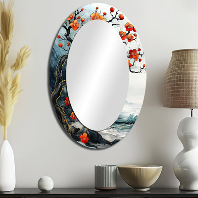 Blue Cherry Blossom Branch In China I - Traditional Oval Wall Mirror