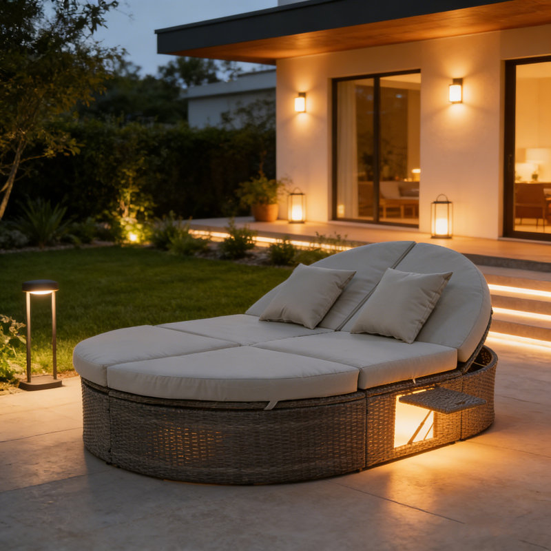 Outdoor 2-Person Rattan Daybed Sunbed With Adjustable Backrests, Foldable Cup Trays, Cushions And Pillows For Patio & Poolside