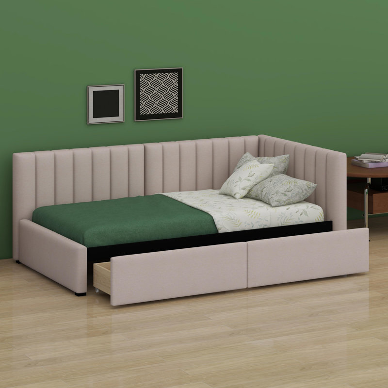 Upholstered Daybed With Storage Drawers, Beige