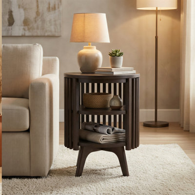 George Oliver Klever End Table Mid Century Round Side Table with Storage Shelf Rubberwood and Acacia Veneer