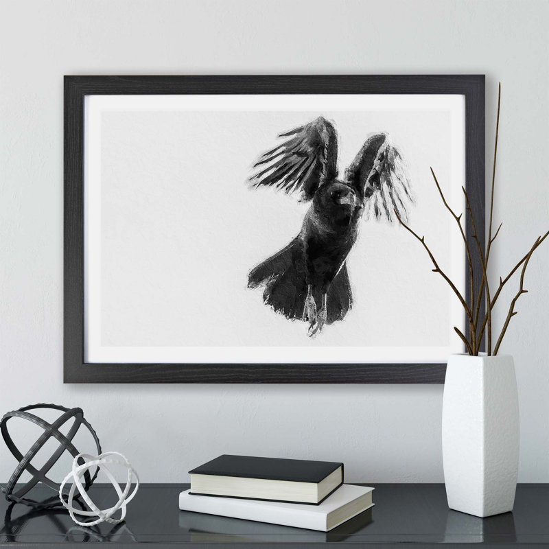 Raven Bird in Flight - Framed Print, Black, 24cm H x 33cm W x 2cm D