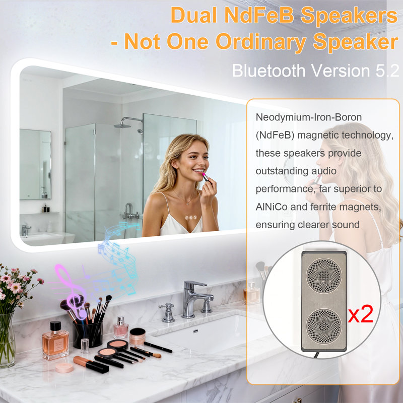 Miroir de salle de bain DEL grand format de 160 cm (63 po) pour double vasque, avec deux haut-parleurs Bluetooth, traitement antibuée et éclairage à intensité variable 3 couleurs.