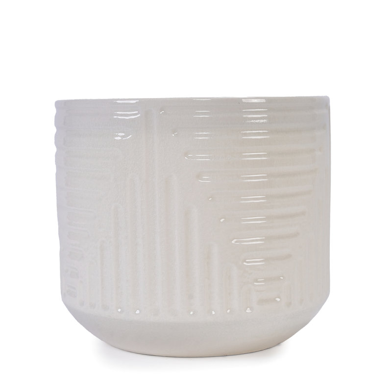 Stylish Planter In Ceramic, Milk White Color, 16.28" Dimensions, All - Weather Use, Drainage For Flowering Plants Ceramic Flowerpot With Modern Pattern And Glossy White, Ideal Indoor Plants, Depth,