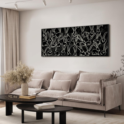 Minimalist Black and White Playful Rabbit Illustrations Extra Large Framed Wall Art Print Decor (Frame Assembly Required)