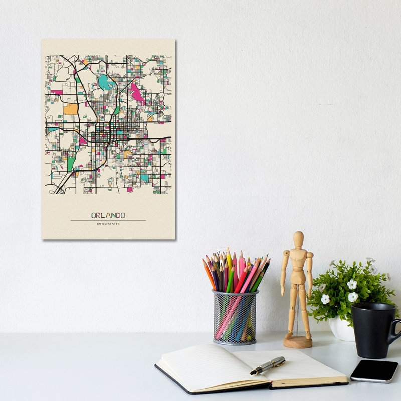 Orlando, Florida Map by Ayse Deniz Akerman - Wrapped Canvas Painting, 20.32 cm H x 30.48 cm W