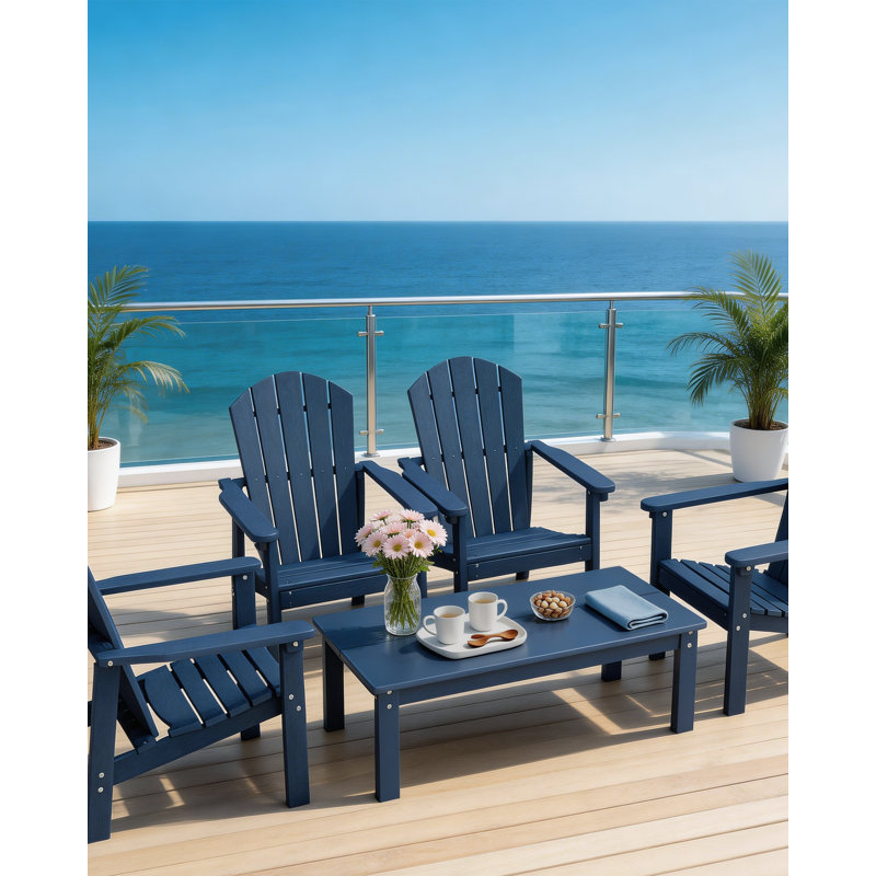 5-piece Hdpe Adirondack Patio Furniture Set - 4 Stackable Chairs & 1 Large Side Table, All-weather, Uv Resistant, Navy