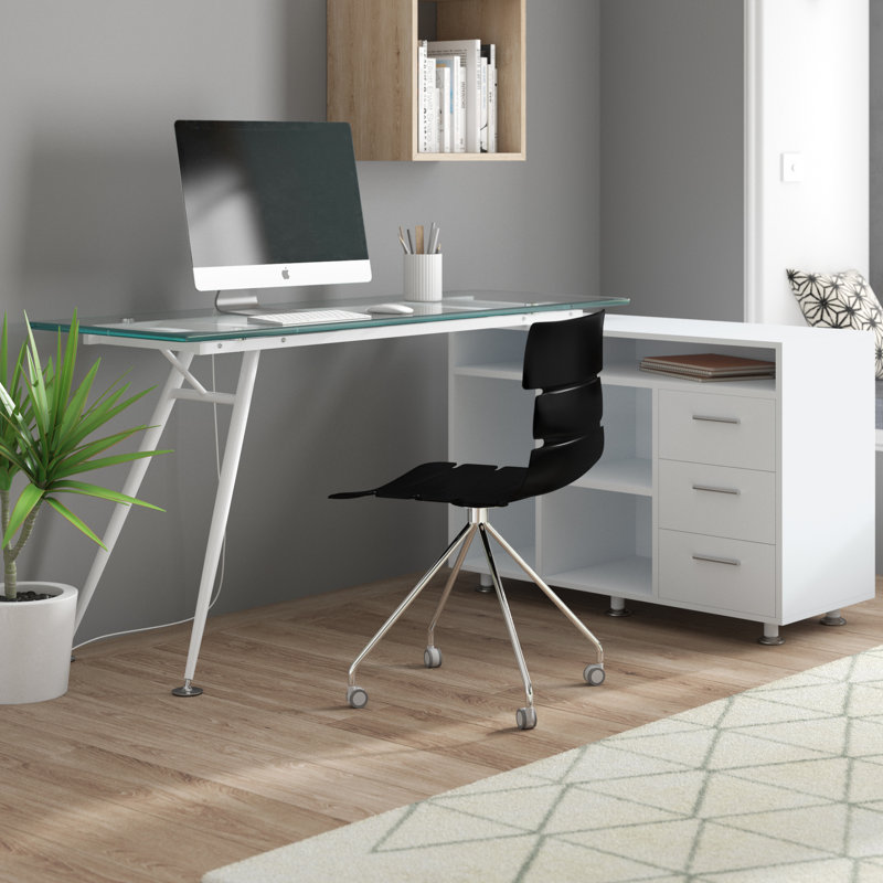 L-Shaped Glass Solid Wood Executive Desk