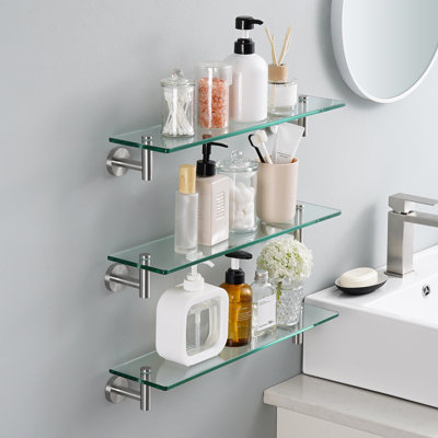 Glass Shelf For Bathroom Rectangular 20-Inch Floating Shelves 3 Pack With Rustproof Stainless Steel Brackets Wall Mounted Brushed Finish