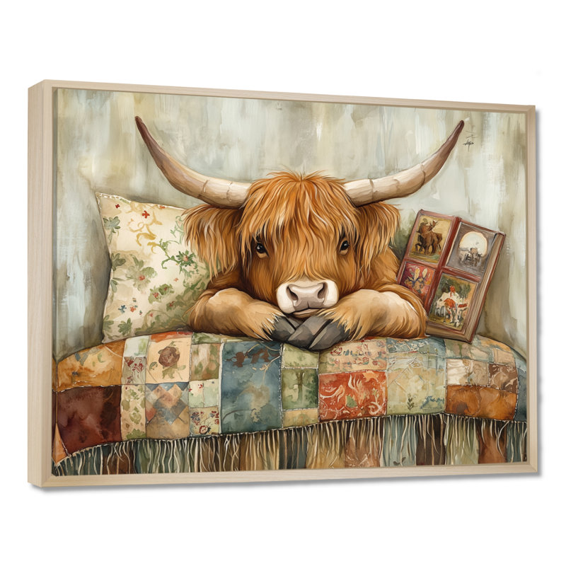 Quilted Highland Rest - Affiche encadrée représentant une vache, H 30 po x l 40 po, Cadre naturel flottant