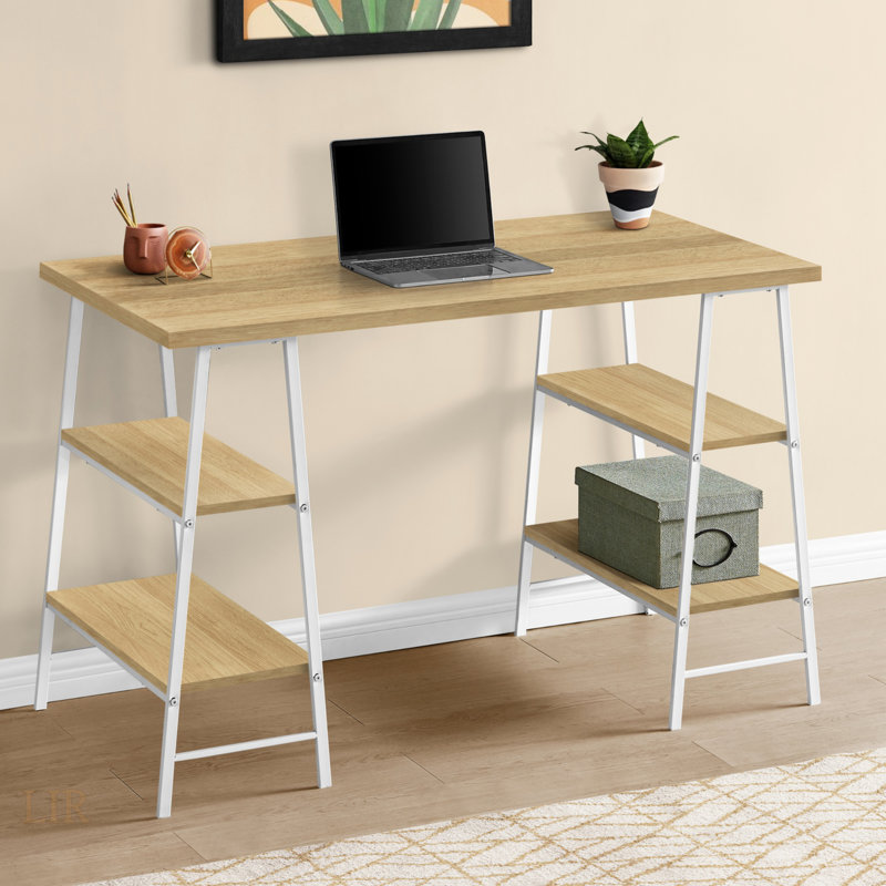 Contemporary Industrial-Style Computer Desk With Storage Shelves, Perfect For Home Office And Small Workspaces, Natural/White